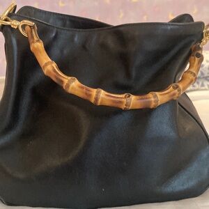 Authentic Vintage Bamboo Handle Black Leather Gucci Bag.